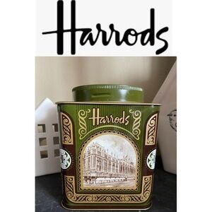 Harrods Green and Brown Decorative Tea Tin Imported from England EUC